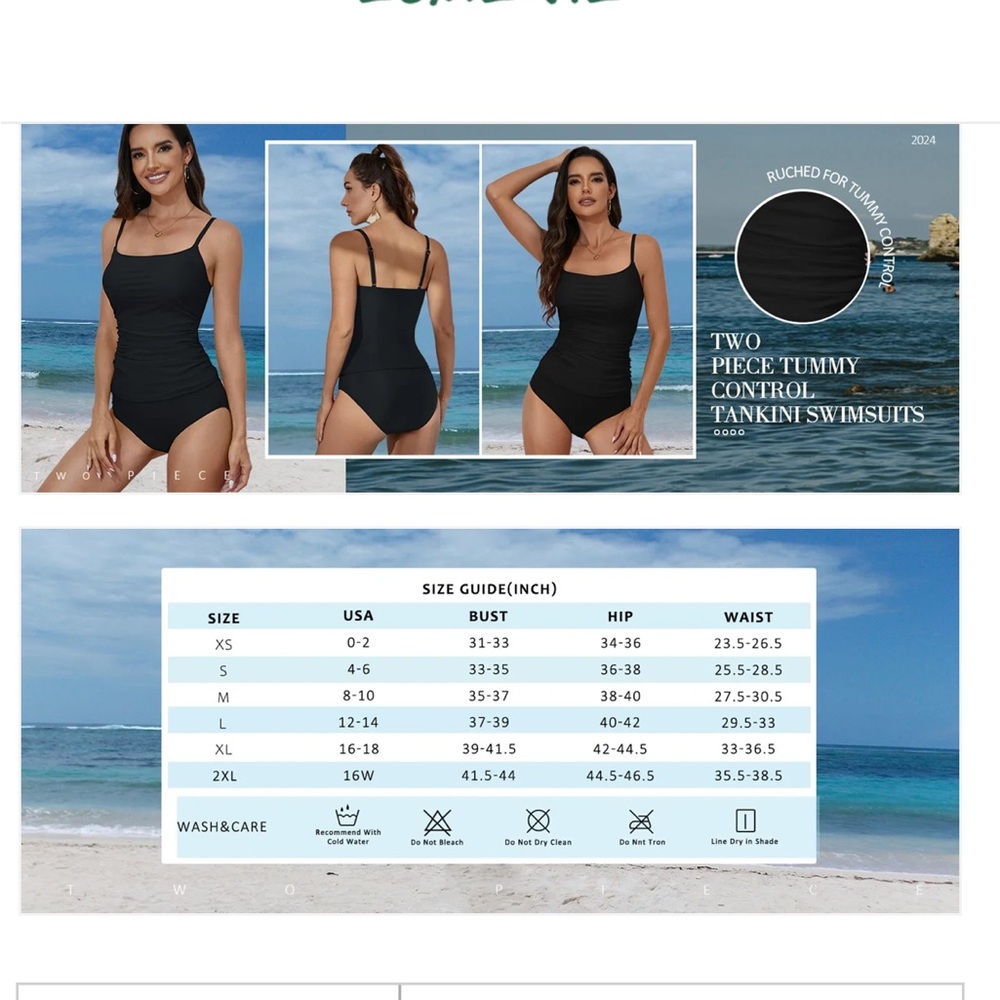 Sky Blue Ribbed Tankini Two-Piece Ruched Tummy Control Tankini Set - Picture 8 of 14